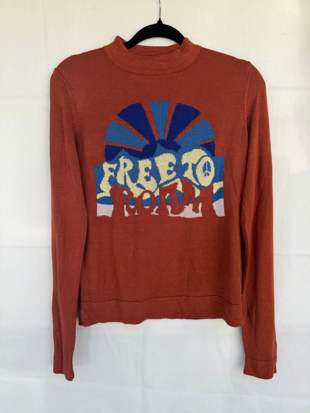 Free People "Free to Roam" Graphic Knit Top Rust Orange Mock Neck Top S/P